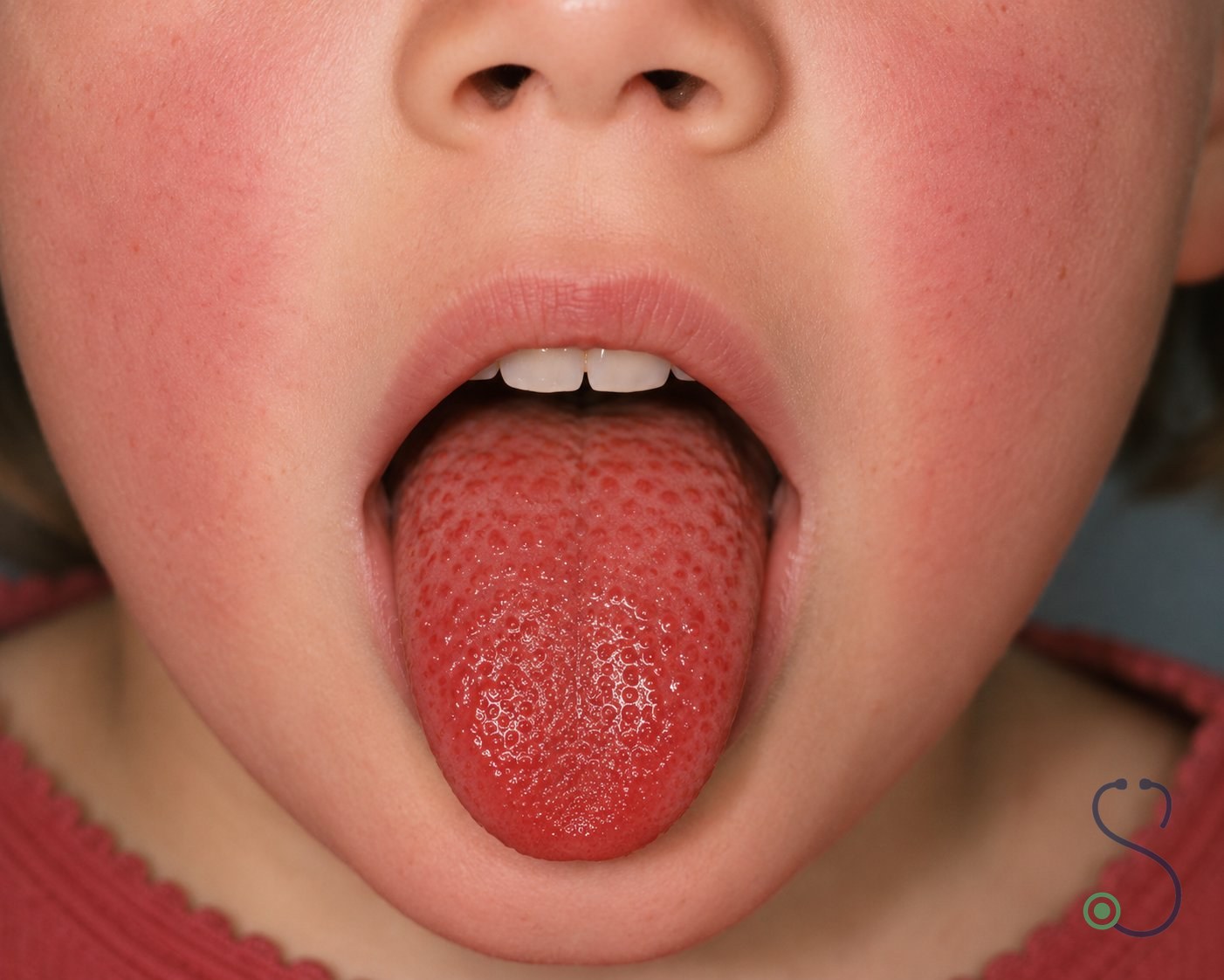 Bright red tongue with prominent papillae, characteristic of strawberry tongue